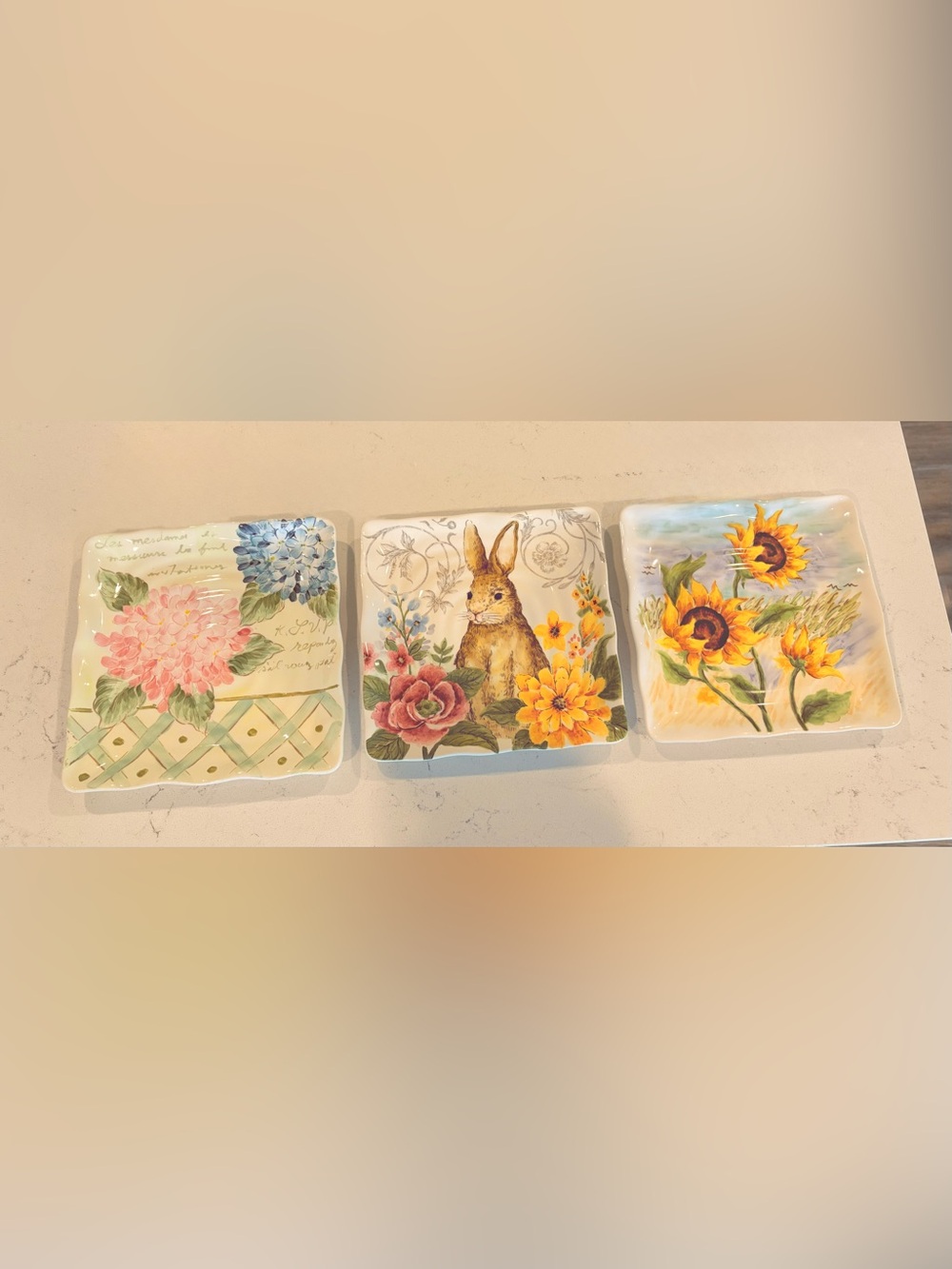 3- Ceramic plates Bunny & Florals  Decorative Pink, Green & Yellow Flowers